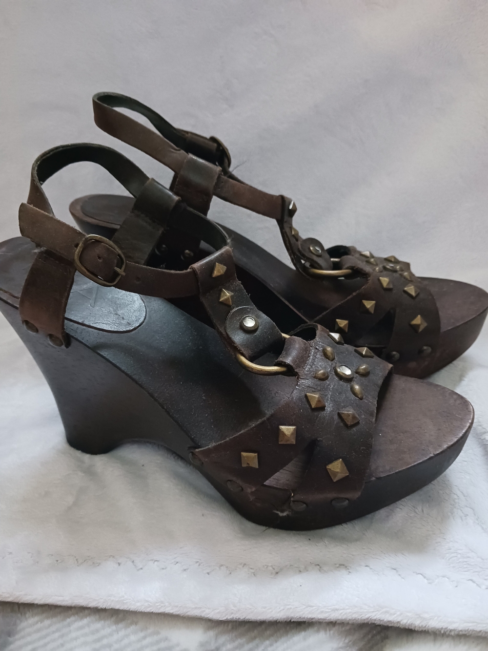 MIA Brown Studded Leather Wedge Sandals